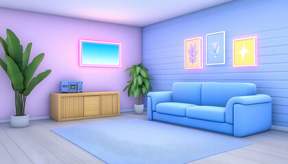Pastel living room with blue sofa, neon lights, and plants