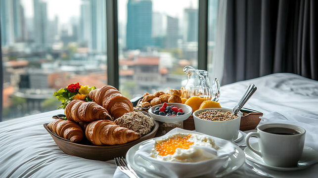 Here suggested description and keywords for image, following all guidelines luxurious breakfast, croissant, food, coffee, bed with city view, feels like restful morning. Indulge this tempting