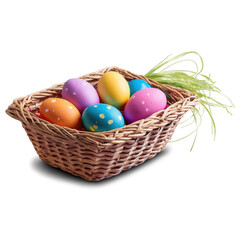Easter eggs in wicker basket with green grass