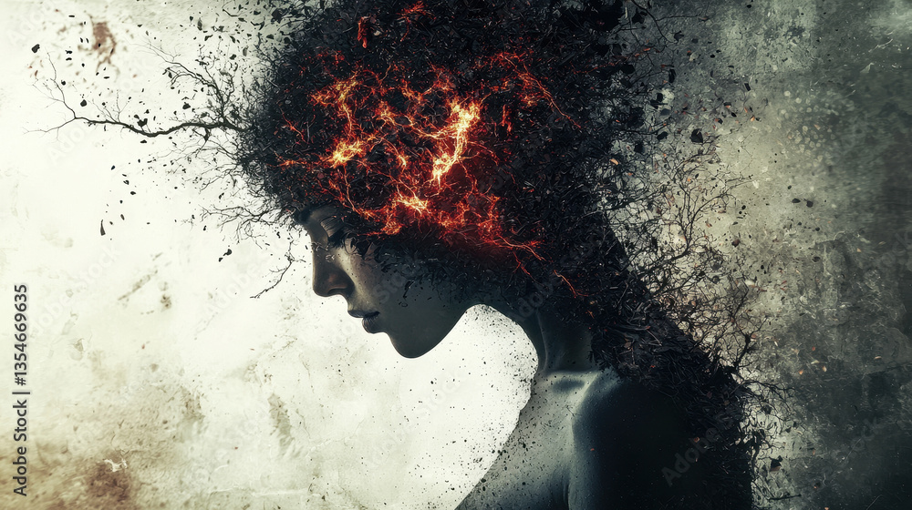 Poster human form with head splitting into two, symbolizing chaos and transformation in a surreal setting