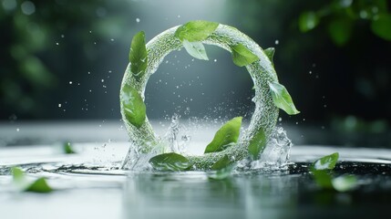 Green leaves encircling a textured ring splash into water