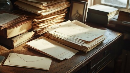 A creative composition of personalized, hand-stamped paper stationery and envelopes on a vintage desk, lit by gentle, natural window light.