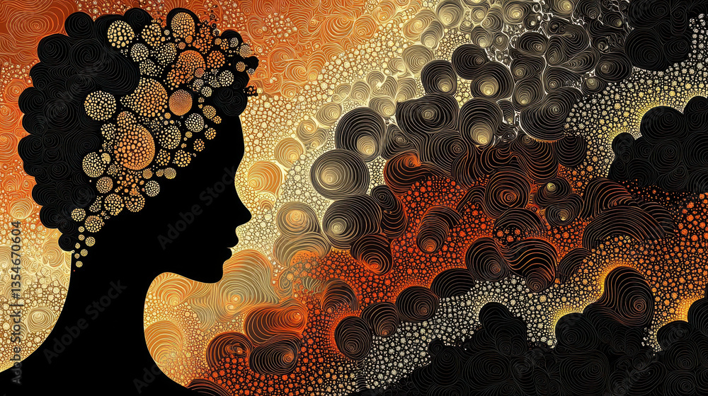 Poster fractured human silhouette in intricate patterns representing obsessive thought cycles in surreal ab