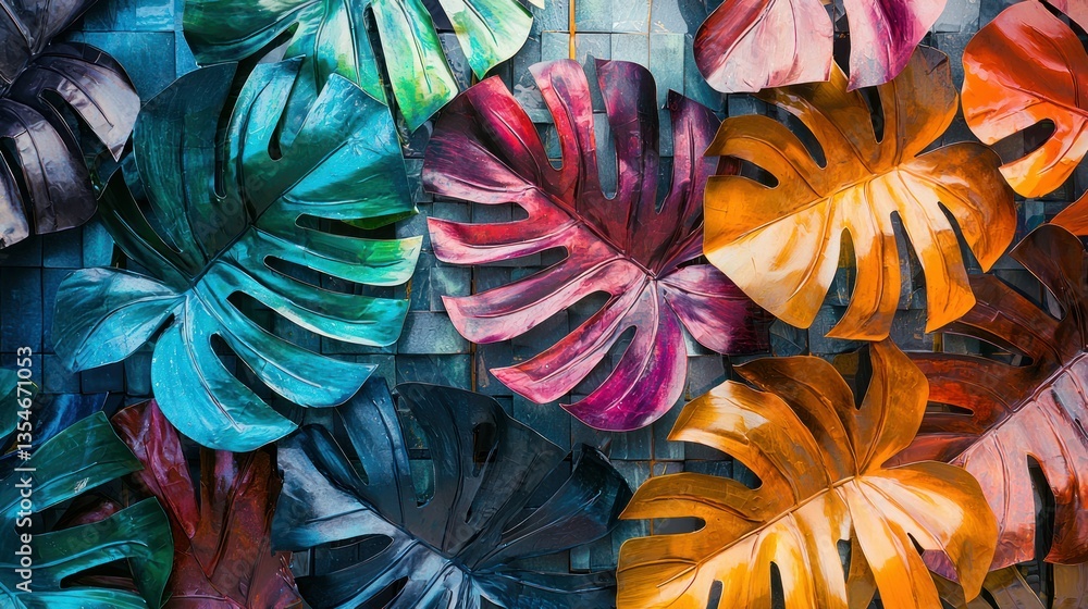 Poster a creative composition where multiple colorful monstera leaves are arranged in a grid pattern, mimic