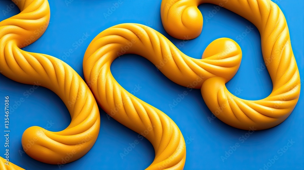 Poster yellow twisted shapes scattered against a bright blue background, creating an abstract pattern
