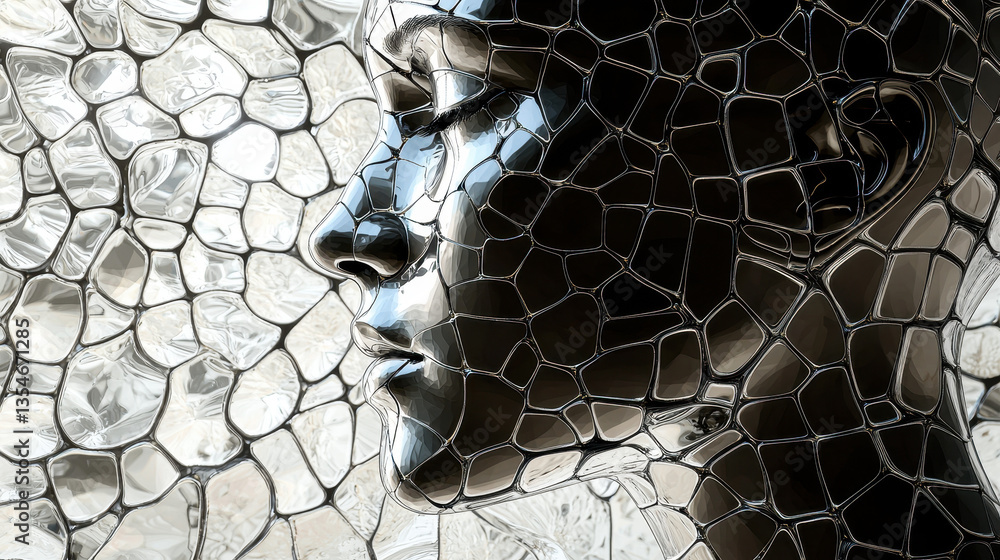 Poster human silhouette fractured into patterns representing obsessive thought cycles in surrealist abstrac