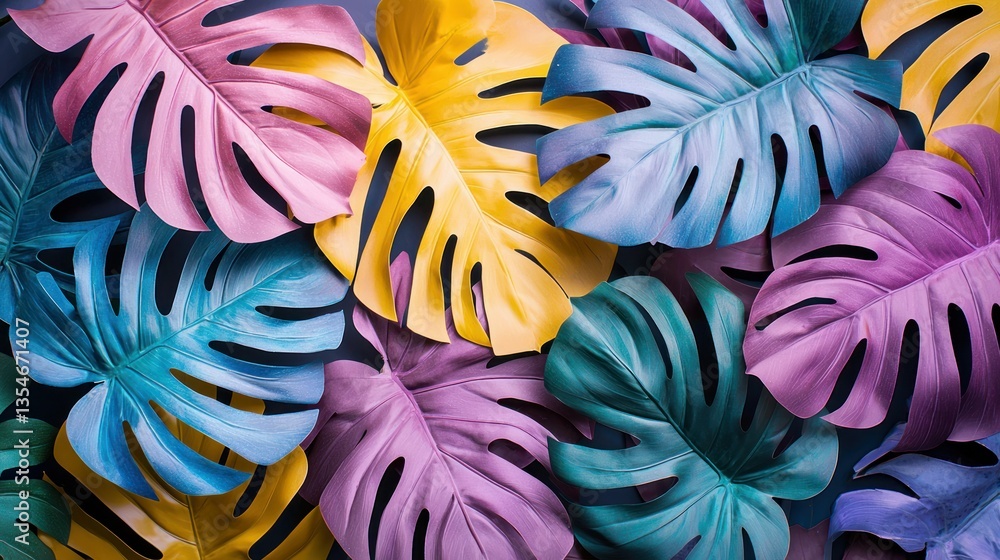Poster a creative composition where multiple colorful monstera leaves are arranged in a grid pattern, mimic