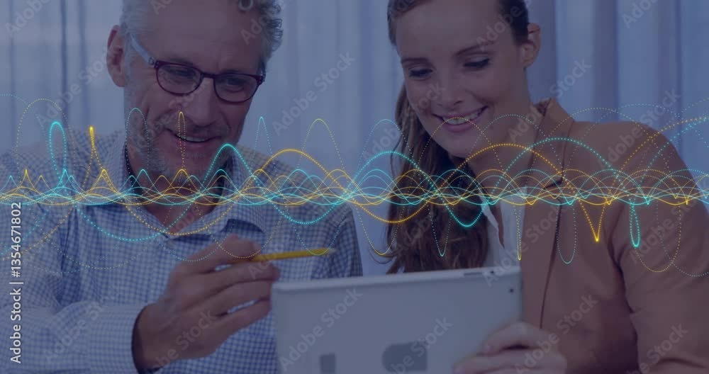 Poster smiling colleagues discussing data on tablet with colorful wave animation overlay