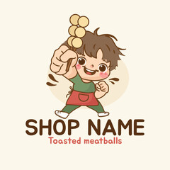 A boy selling  toasted meatballs logo 