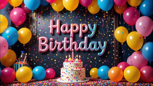 Happy birthday sign with a delicious cake and colorful balloons. 