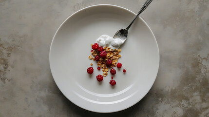 Here metadata for image, formatted as requested An overhead shot reveals delicious mix of yogurt, raspberry, and granola, colorful and tempting treat. snack looks delightful and refreshingly