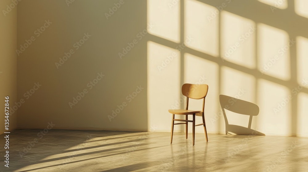Poster a creative image of minimalist decor with a single, statement chair in a spacious room with clean li