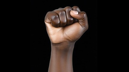 Fototapeta premium Close-up of a dark-skinned fist clenched against a black background.