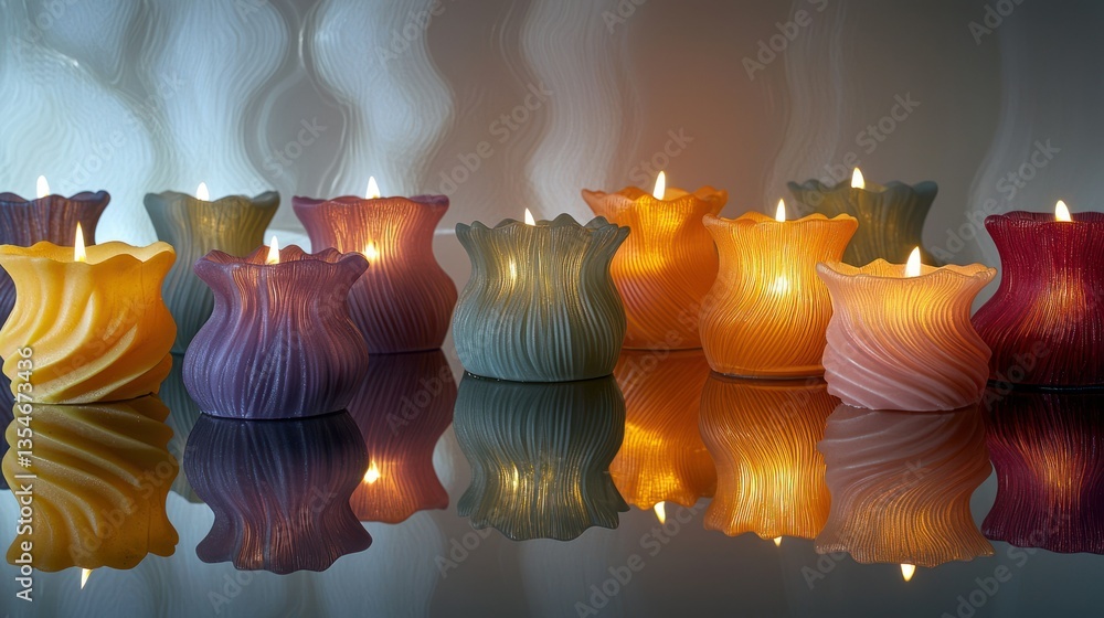 Poster a creative layout of handcrafted candles in various shapes and colors, displayed on a reflective sur