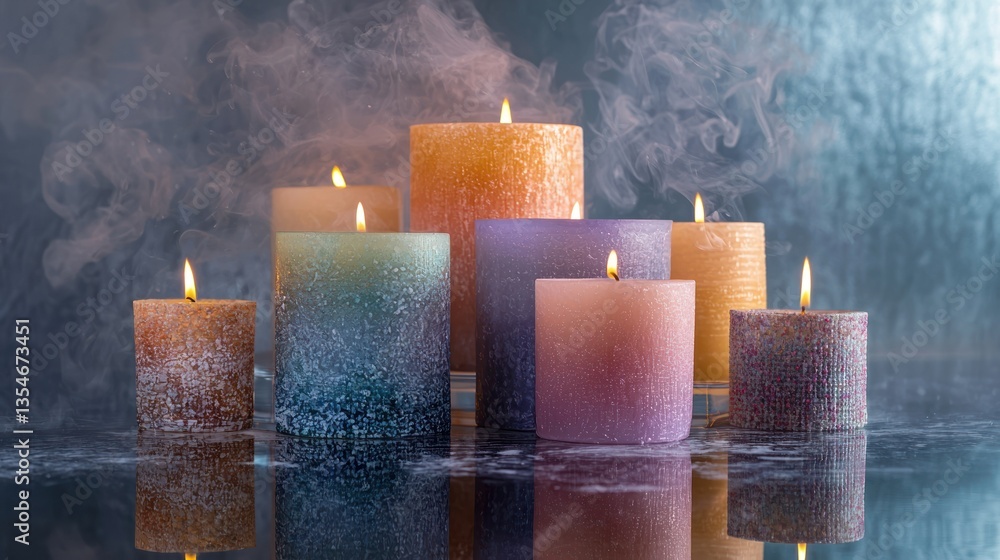 Poster a creative layout of handcrafted candles in various shapes and colors, displayed on a reflective sur
