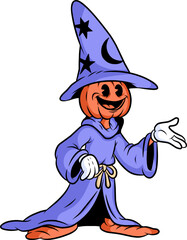a pumpkin wizard in a bright purple robe