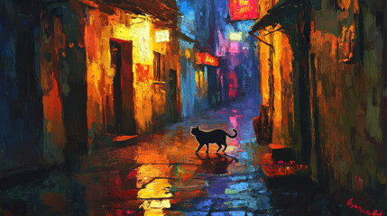 A stunning cityscape painting, an urban alleyway with dim lighting, neon reflections on wet pavement