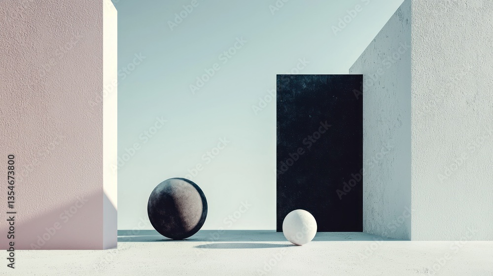 Poster a creative minimalist composition using a monochrome palette and abstract forms to emphasize simplic