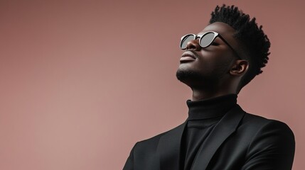 Stylish young african male in sunglasses and black outfit with confident pose