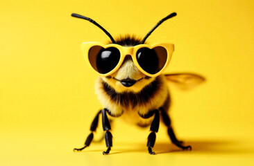 Naklejka premium The perfect postcard for World Bee Day. A honey bee wearing yellow sunglasses on a yellow background.