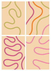 Naklejka premium Set of smooth abstract organic lines. Chaotic green, pink and orange hand-drawn looping lines on pastel background. Artistic design for wallpaper, banner or placard. Vector illustration in flat style