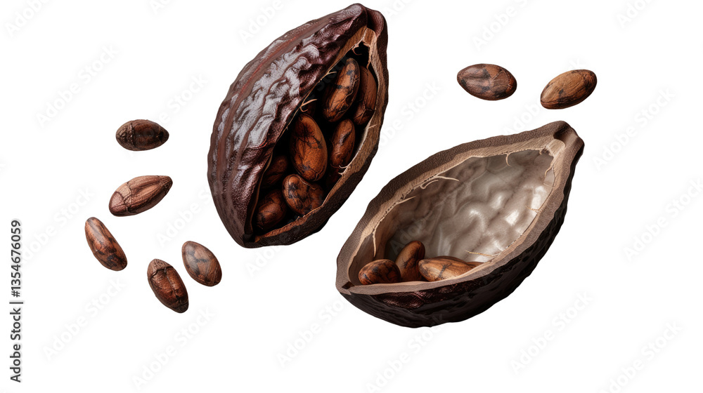Poster cocoa beans: an exquisite overhead shot captures the rich details of open cocoa pods revealing the r