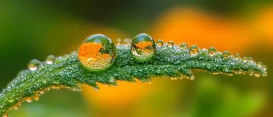 Dewdrops reflect flowers on leaf