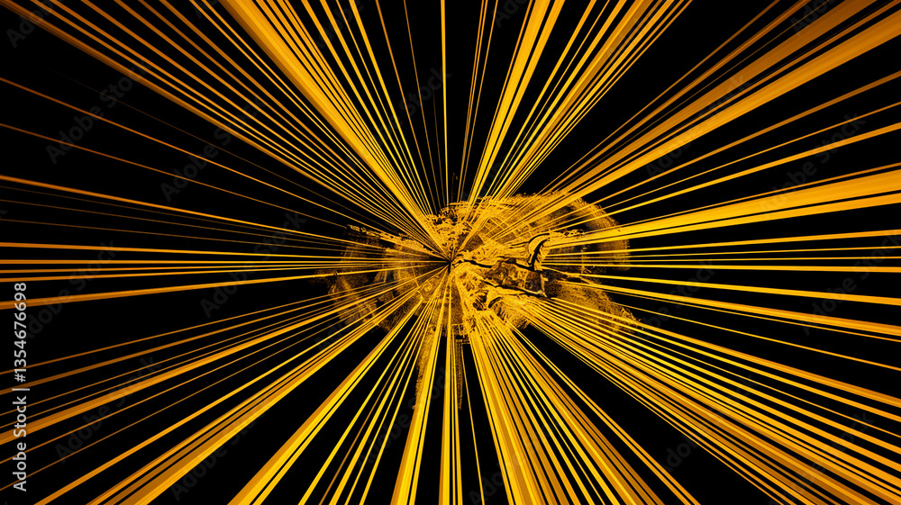 Poster abstract image with radiating golden lines on black background, creating dynamic, energetic visual e