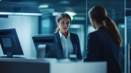 Professional Woman Assisting Client in Modern Bank Office Setting