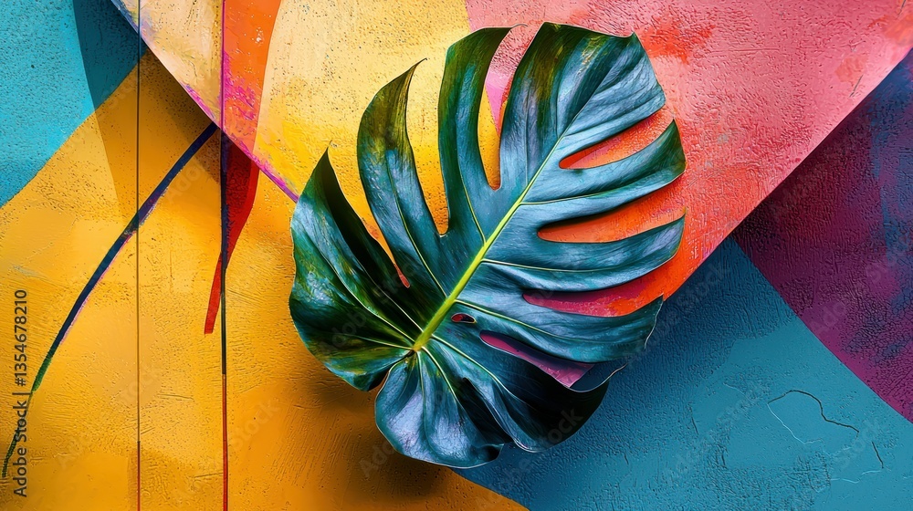 Poster a creatively composed image where a colorful monstera leaf is paired with geometric shapes or lines,
