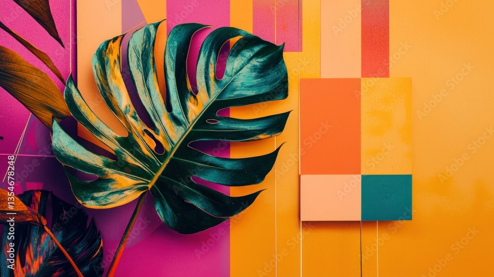 Poster a creatively composed image where a colorful monstera leaf is paired with geometric shapes or lines,