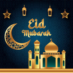 Eid Mubarak celebration with gold mosque, moon, lanterns and stars
