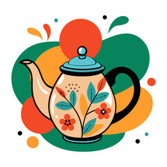 Floral Teapot Illustration Against Colorful Background  