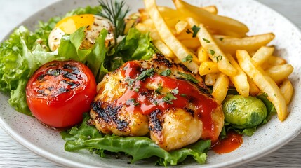 Grilled fish with fries, egg, tomato, and salad.