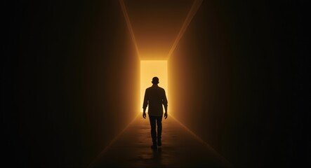 Pathway to Enlightenment: A lone figure walks towards a radiant light at the end of a long, dark corridor, symbolizing hope, faith, and the pursuit of knowledge.
