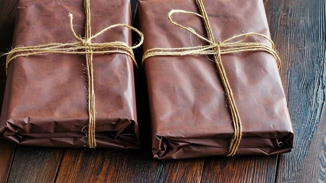 Brown wrapped packages tied with twine on wooden surface ready for delivery during morning hours