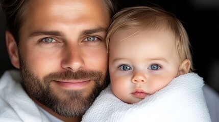 Close-up portrait of a father and baby girl.  Father holding his infant daughter close, gentle smiles