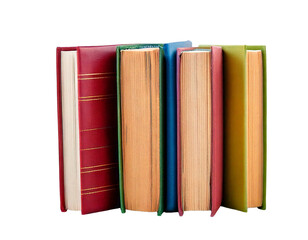 neatly stacked collection of four hardcover books, isolated on a clean white background, ideal for representing knowledge, education, literature, and study concepts.

