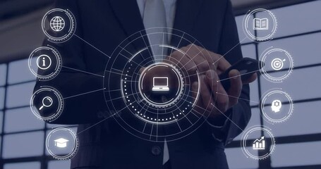 Using smartphone, businessman viewing digital network and technology icons animation