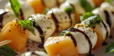 Skewered Melon Mozzarella and Basil Bites Drizzled with Balsamic Glaze Close Up Studio Shot