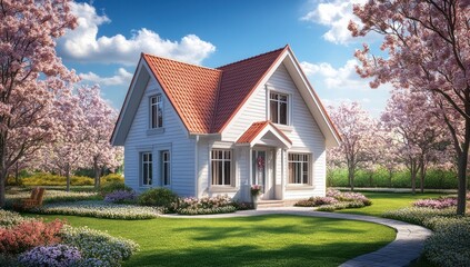Charming white cottage with red roof, blooming trees, and lush lawn.