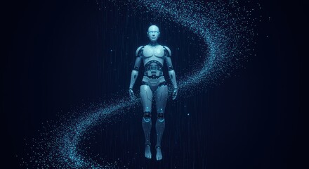 Fototapeta premium A fully designed futuristic robot hovers within a radiant spiral of data, representing AI brilliance, speed, and digital transformation