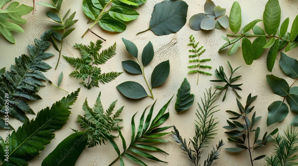 Poster a detailed close-up still life of assorted green leaves and botanical elements arranged on a neutral