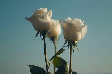 Three beautiful white roses gracefully bloom under a clear blue sky