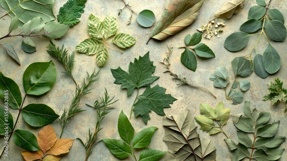 Poster a detailed close-up still life of assorted green leaves and botanical elements arranged on a neutral