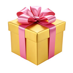 Obraz premium Gold gift box with pink ribbon. Present, surprise, celebration.
