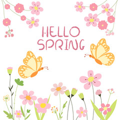 Hello spring. Spring illustration with flowers, butterflies and text. Spring gentle background in pastel colors