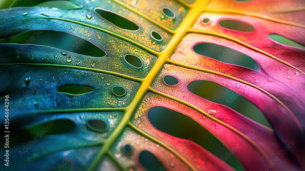 Poster a detailed shot focusing on the geometric patterns of a colorful monstera leaf, with every vein and 