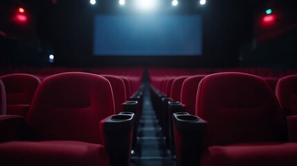 Rows of vacant red plush seating in an elegant movie theater auditorium