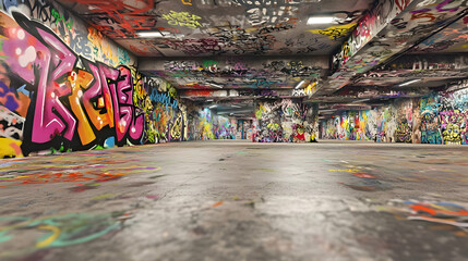 Fototapeta premium Graffiti-covered underground parking garage interior